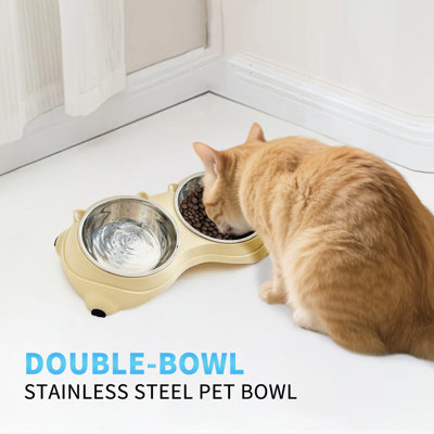 Gamelle double pour chat avec base antidérapante, en acier inoxydable, acier et polyéthylène (PE), ensemble de 1, couleur beige. Antidérapante, facile à nettoyer et résistante à la rouille.