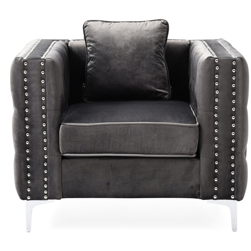 Fauteuil captivant en velours gris avec broderie touffetée, pieds robustes et accents confortables - sièges supplémentaires