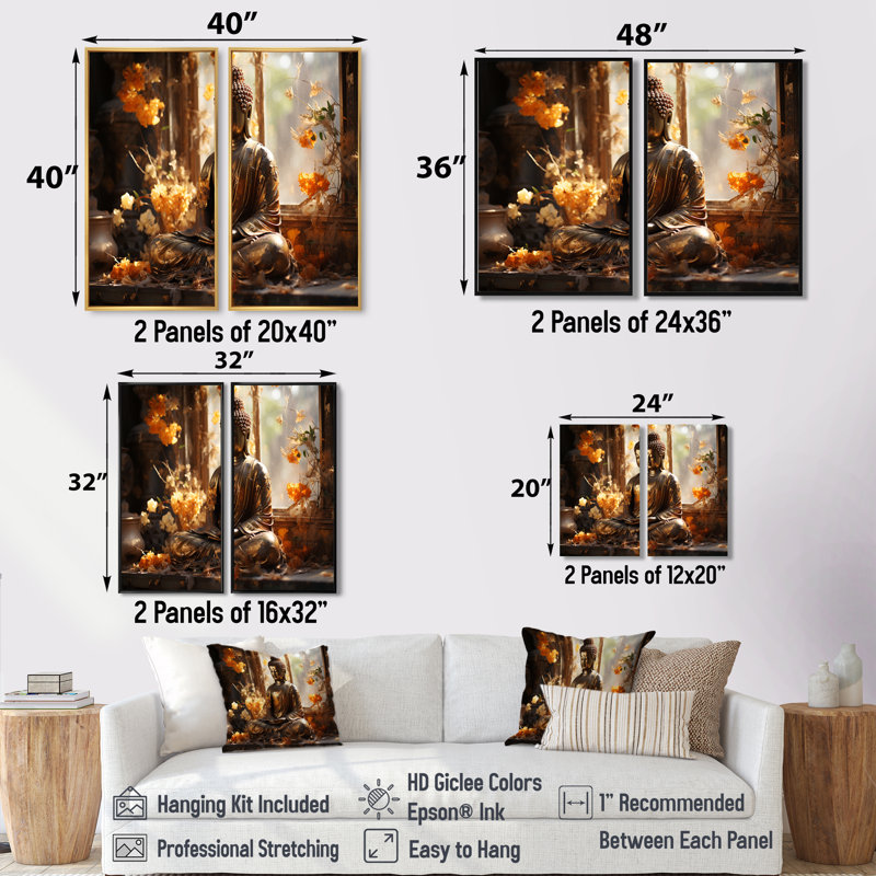 Bouddha doré thaïlandais - paysages, art mural de la Thaïlande, 20" H x 24" W, Impression encadrée flottante, Black