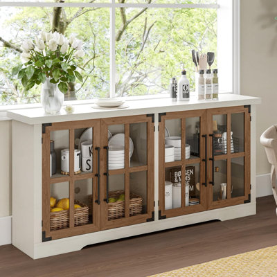 Pfarr 63" W Farmhouse Wood Sideboard with Glass Doors and Adjustable Shelves, White