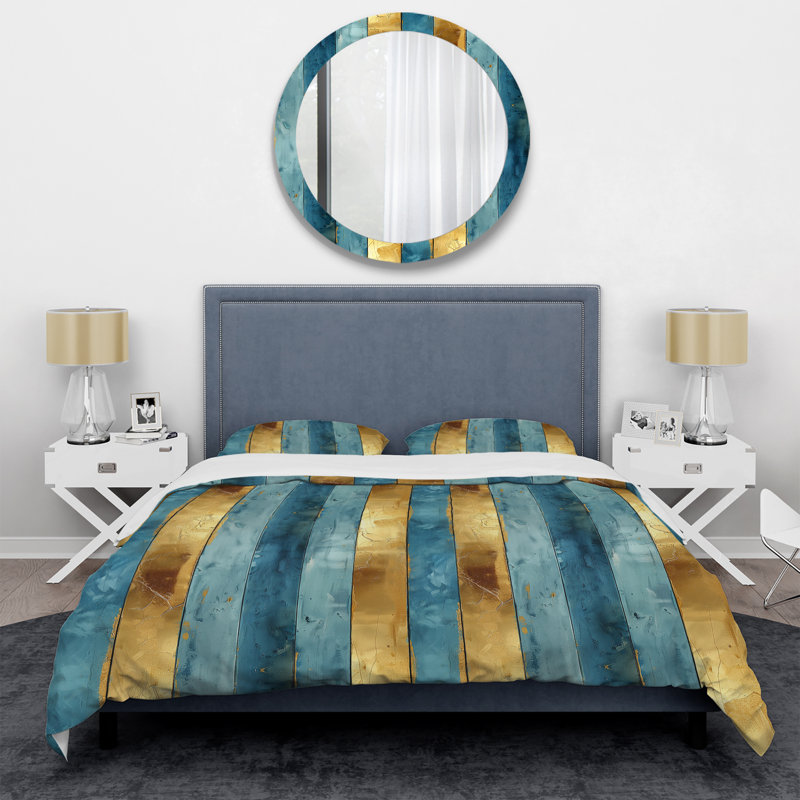 Ensemble de housse de couette transitionnel à rayures bleu ciel et doré, Housse de couette très grand et 2 très grandes t