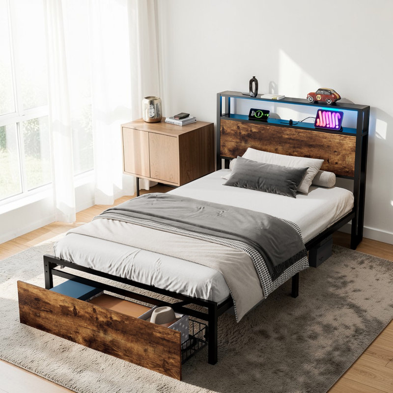 Storage Bed With LED Light Strip Controlled By  App And Bluetooth, And 2 Drawers, 2 USB Port+1 Type Multifunctional bed