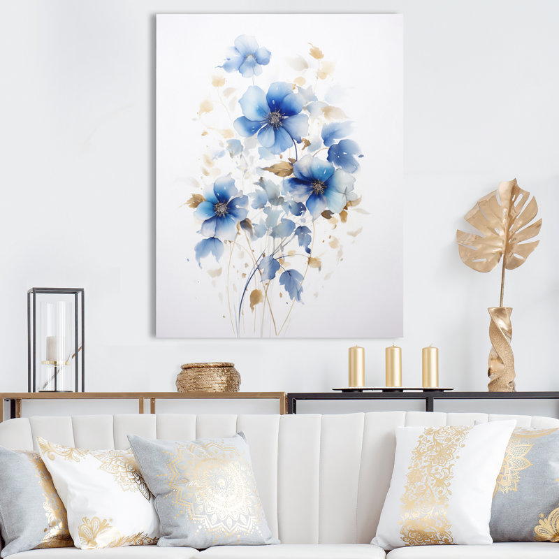 «Delicate Blue Ginko Leaves on White Watercolor I», reproduction sur toile, H 32 po x l 16 po x P 1 po, Toile tendue