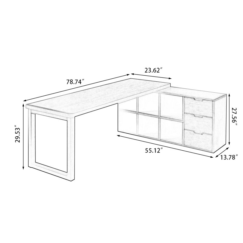 Bureau en bois massif en forme de L brun noyer avec 3 tiroirs, H 29,53 po x l 78,74 po x P 55,12 po