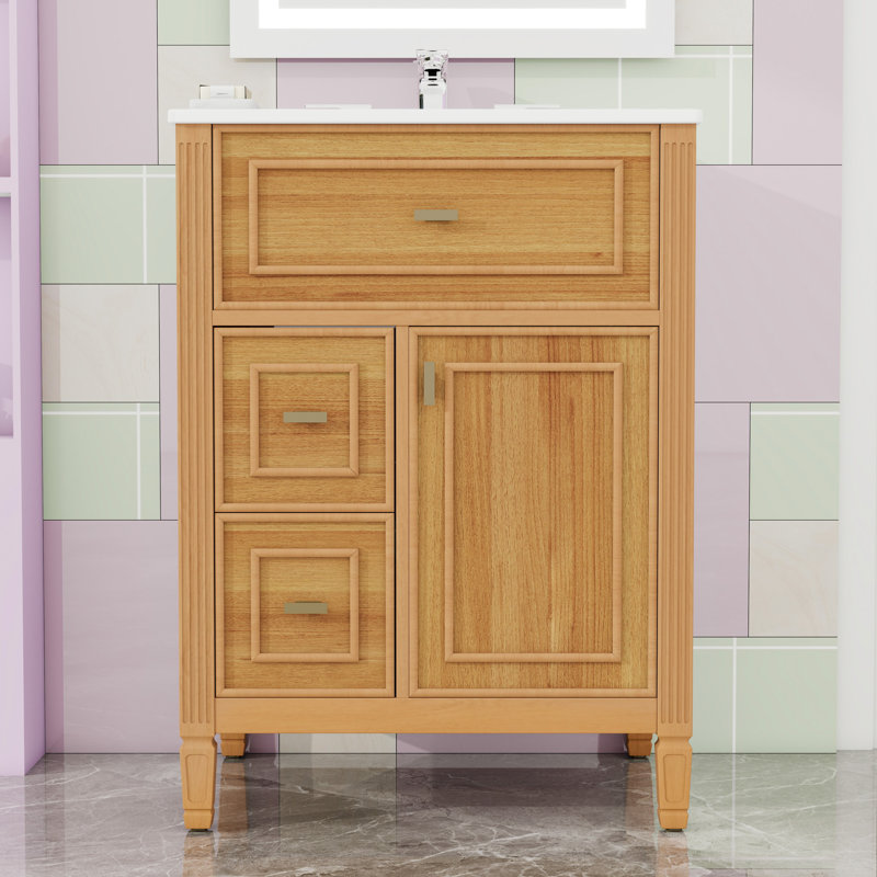 Meuble-lavabo avec lavabo, 2 tiroirs, 1 tiroir rabattable et tablette réglable, Bois