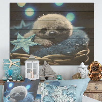 White And Blue Sloth Serenity Sleep - Sloth On Wood Print