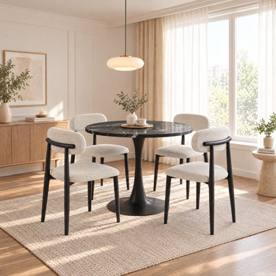 5 Pieces 35.4" Mid-Century Round Dining Table Set, Faux Marble Kitchen Dining Table Set for 4 with 4 Boucle Fabric Upholstered Dining Chairs