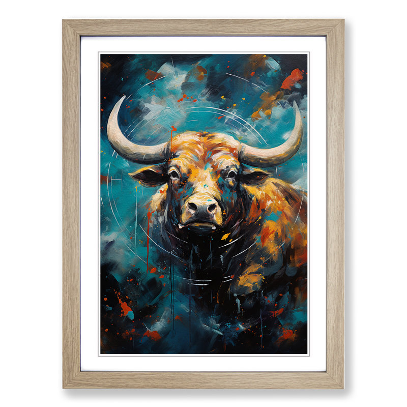Taurus Zodiac Action Painting No.2 - Single Picture Frame Print on Wood, 64cm H x 46cm W x 2cm D, Oak