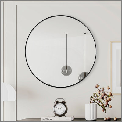 Miroir mural 28 po, miroir circulaire noir, cadre en métal, miroir de coiffeuse, miroir de salle de bain