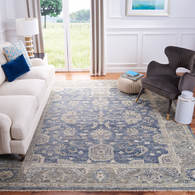 Oriental Hand-Knotted Blue / Grey Area Rug, Rectangle 9' x 12'