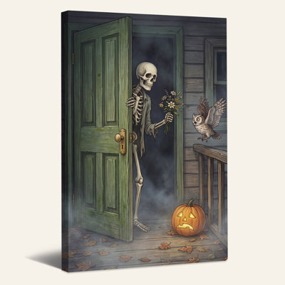 Tableau sur toile d'Halloween représentant un squelette offrant des fleurs à une porte verte