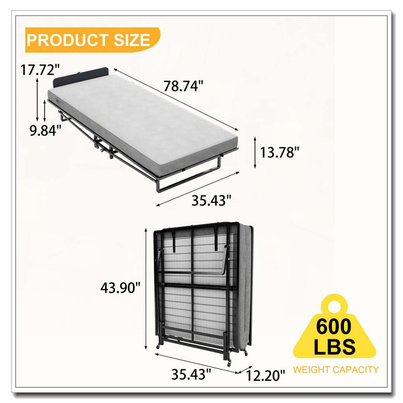 Structure de lit pliante en métal avec matelas en mousse et roulettes