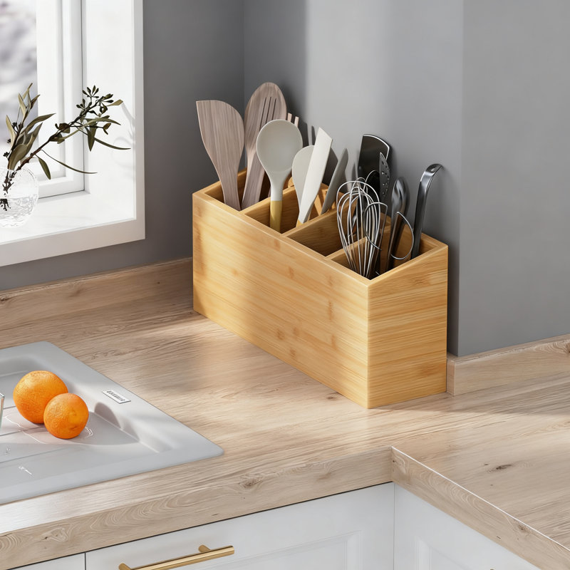Range-ustensiles en bambou avec 4 compartiments, comptoir de cuisine pour couverts, ustensiles, cuillères, fourchettes, spatules et ustensiles de cuisine