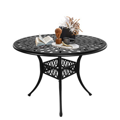 42 Inches Patio Dining Table,Cast Aluminum Outdoor Bistro Table with 1.97" Umbrella Hole,Round Outdoor Dining Table for Garden, Black