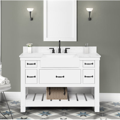 Dilkhush 48" Single Bathroom Vanity with Carrara Engineered Stone Top, Sink & Backsplash, Dove White, Pre-Assembled