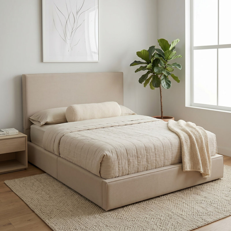 Abbie Upholstered Platform Bed, Queen, Mocha Microsuede