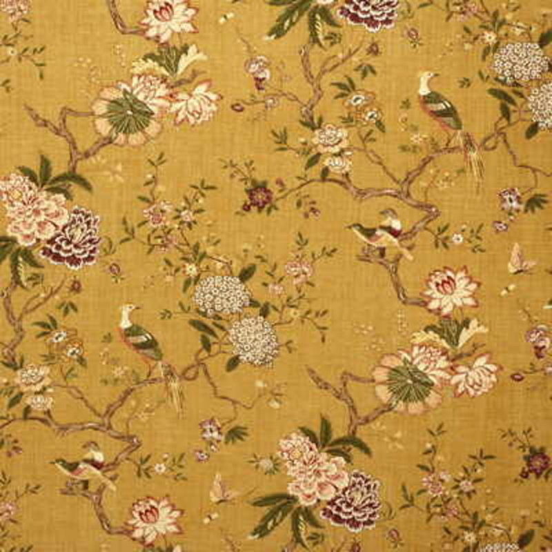 Oriental Bird 100% Linen Fabric, Gold