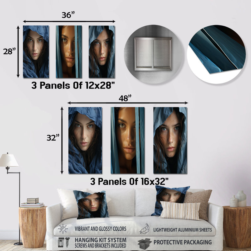 Cerulean Codex Woman Portrait - Art mural en métal pour salon, ensemble de 3, H 32 po x l 48 po