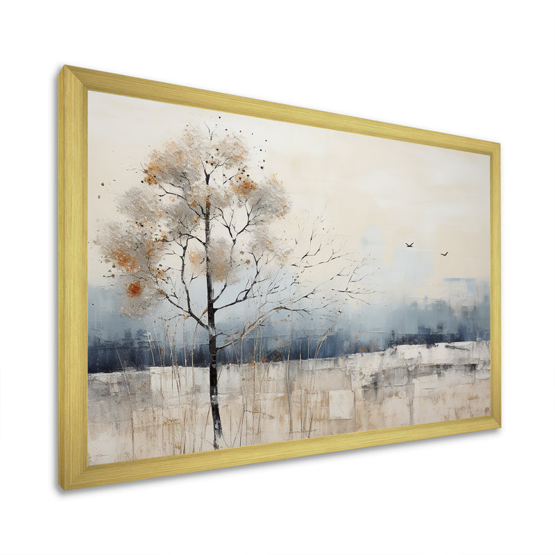 Minimalisme beige et bleu campagne II - impressions sur toile campagne, H 24 po x l 32 po x P 1 po, Cadre doré