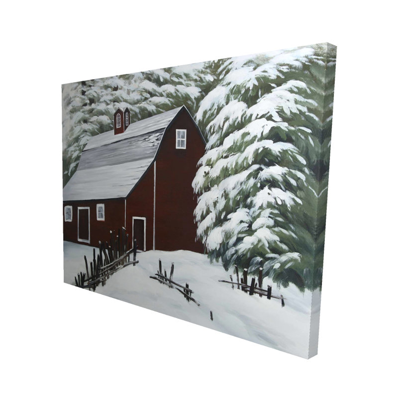 Grange rouge dans la neige - Arbres saisons sur toile - Art de la décoration intérieure, H 48 po x l 60 po