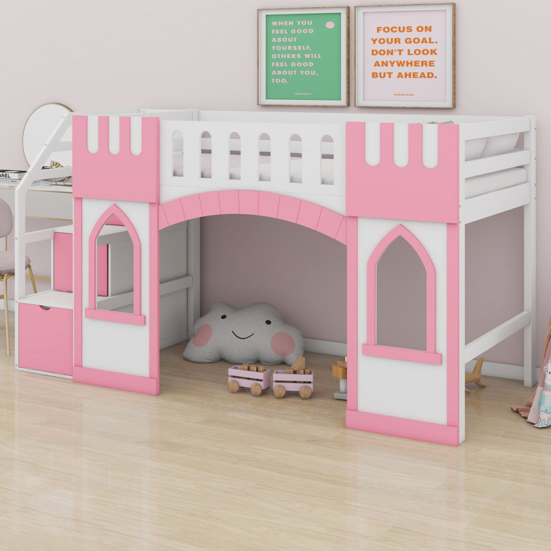 Loft Bed With Storage Staircase And Window, Pink