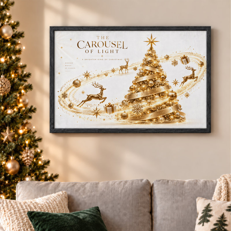 Arbre doré avec renne et flocons de neige, art mural de Noël, H 36 po x l 48 po