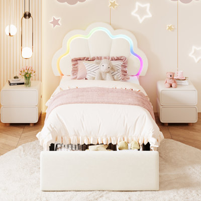 Velvet Upholstered Platform Bed with Petal RGB LED Adjustable Headboard and Storage Drawer for Kids Bedroom