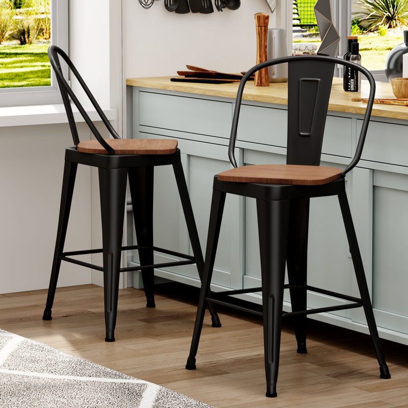Comptoir et tabourets de bar en métal à haut dossier, Noir, Tabouret de comptoir (siège d'une hauteur de 24 p