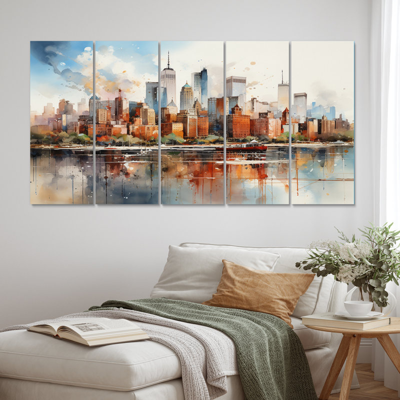«Dreamy New York Scenery Retro Watercolor IV - City New York», reproduction sur toile - 5 panneaux égaux