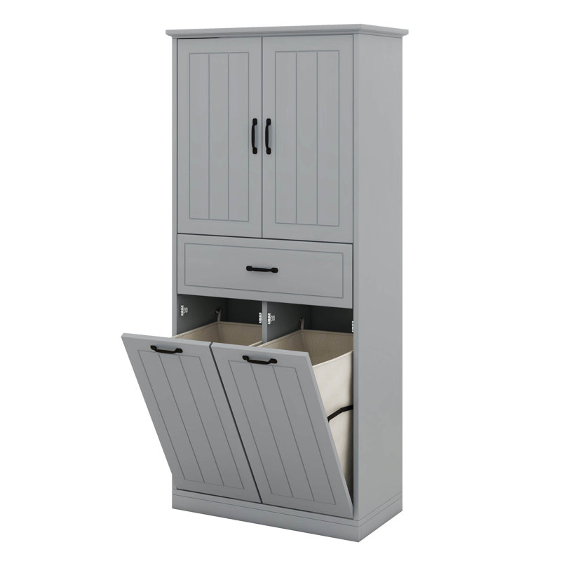 Bathroom Laundry Cabinet With Two Laundry Baskets, 65.8" Tall Bathroom Storage Cabinet With Doors And Drawer, Adjustable Shelf