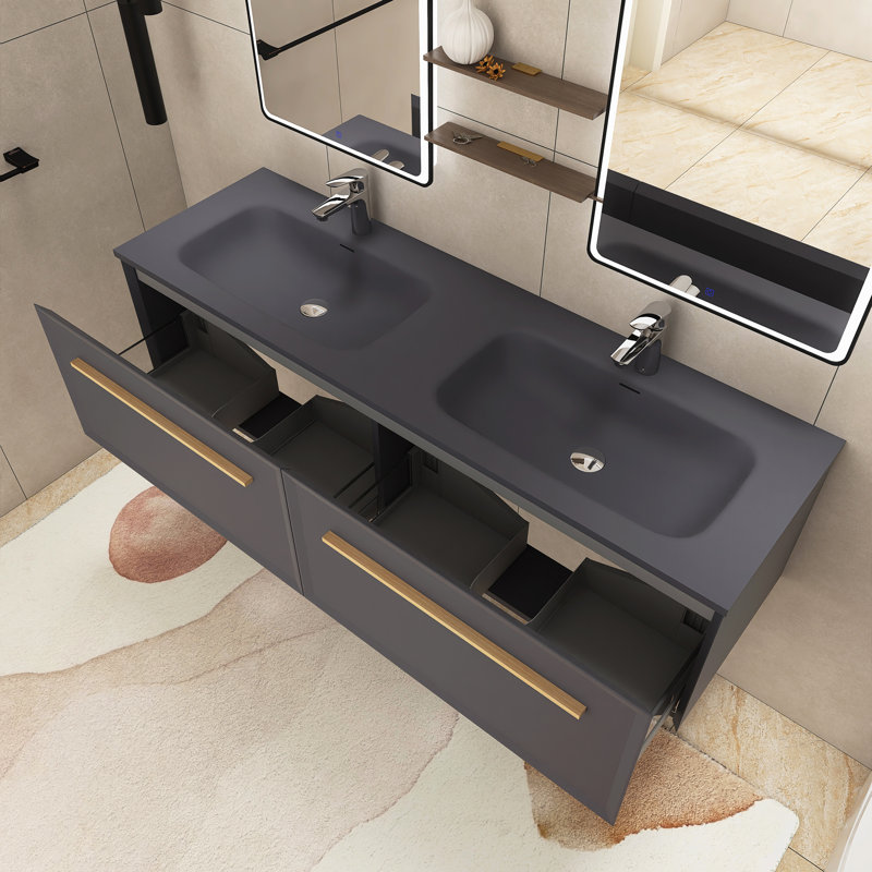 Meuble-lavabo double 59,05 po avec comptoir à surface solide Soleil, Gris/doré