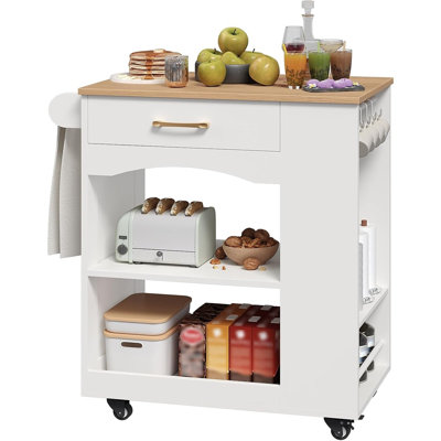 Mobile Kitchen Island With Drawer And Open Shelves, Rolling Kitchen Storage Cart On Wheels With 6 Hooks – White Kitchen Island For Kitchen Organization And Storage