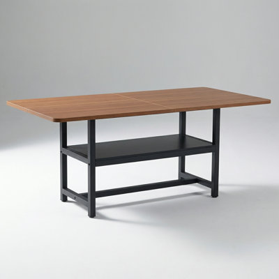Modern Walnut Textured Dining Table with Storage Platform and Metal Legs for Family Gatherings and Everyday Meals