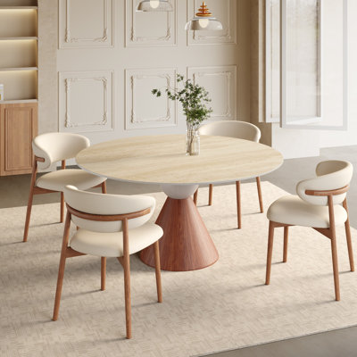 Table de salle à manger en travertin naturel mat pour 4 personnes avec chaises rembourrées modernes en cuir