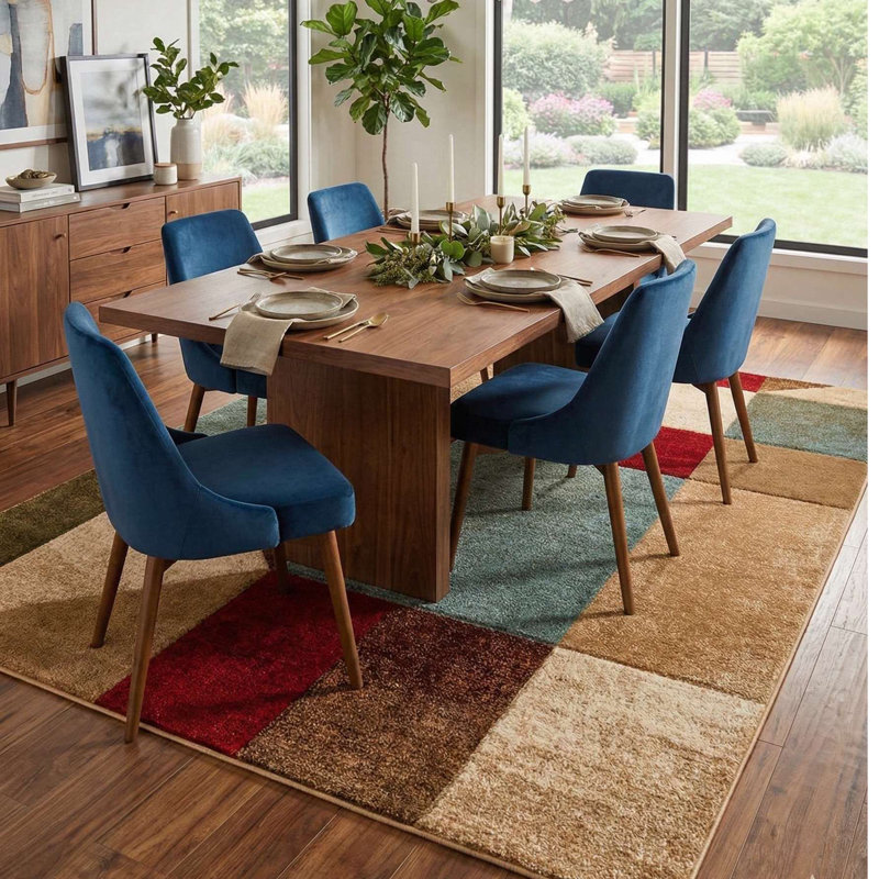 Ebern Designs Cyinthia Marcia Modern Geometric Blocks Multi Hand-Carved Rug, Rectangle 7'10" x 9'10"
