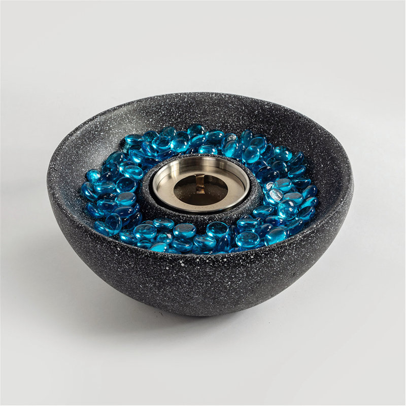 Black Concrete Tabletop Fire Pit with Blue Glass Beads