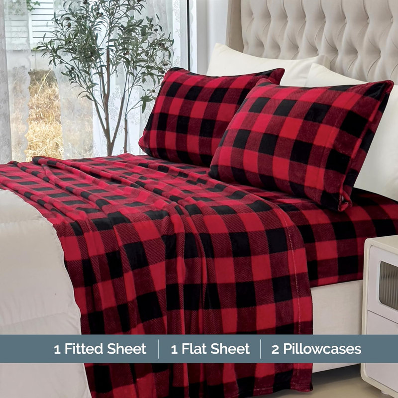 Microfiber - Set of 4, Twin XL Sheet Set + 2 Standard Pillowcases, Red Checkered