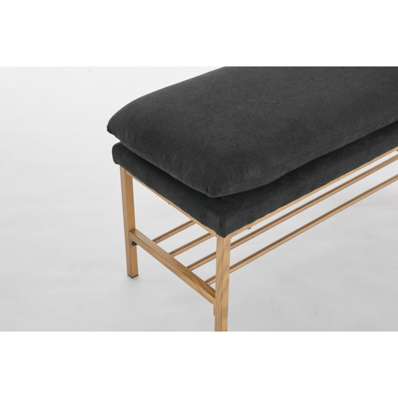 Black Linen Upholstered Living Room Sitting Bench With Metal Legs And Shelf For Bedroom, Entryway, Dining Bedroom Room, Use