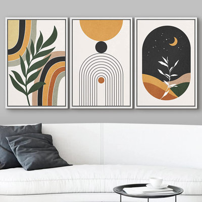 Mid Century Modern Boho " Mid-Century Modern Crescent Moon Plant Landscape Nature Abstract Wall Art " 3 - Pieces