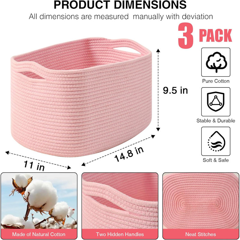 3-pack Pink Woven Rope Storage Baskets Light Pink