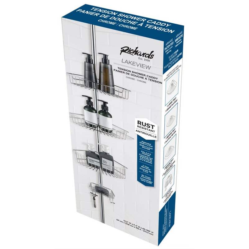 Rustproof Shower Caddy Corner for Bathroom,Bathtub Storage Organizer with Tension Pole, Chrome