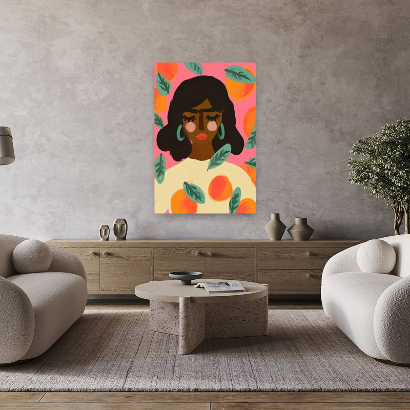 Peachy Dreams, une affiche murale contemporaine audacieuse et colorée représentant un paysage de fruits, 48" H x 32" W