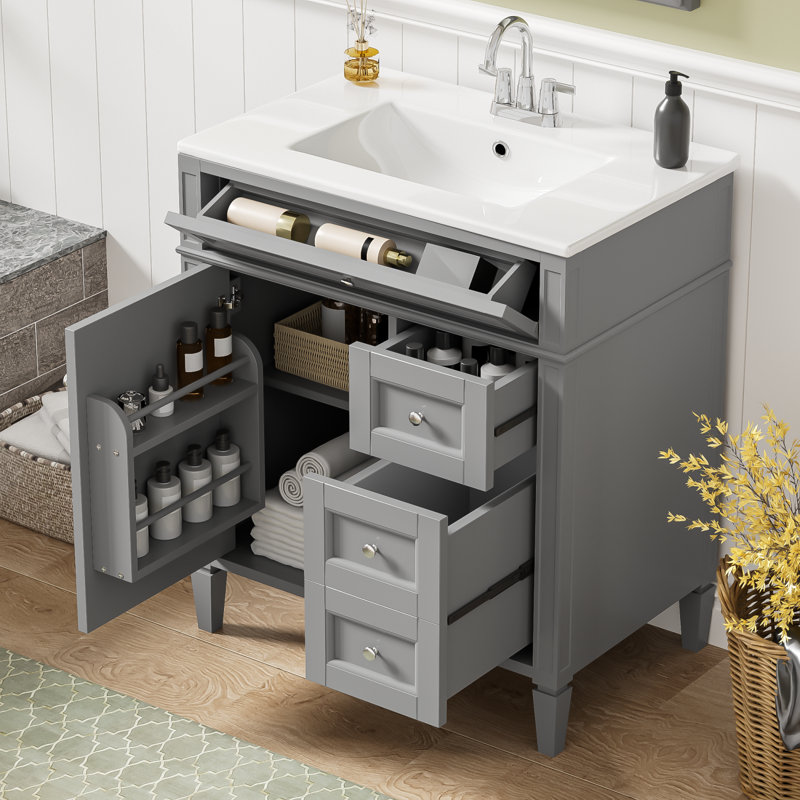 Meuble-lavabo de 30 po avec lavabo supérieur et armoire de rangement moderne, Gray / Silver