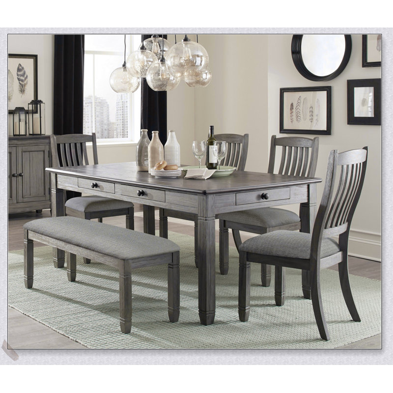 Ensemble de salle à manger 6 pièces gris antique et finition café avec banc rembourré, 4 chaises d'appoint et 6 tiroirs pour le rangement, pour des maisons de style champêtre décontracté
