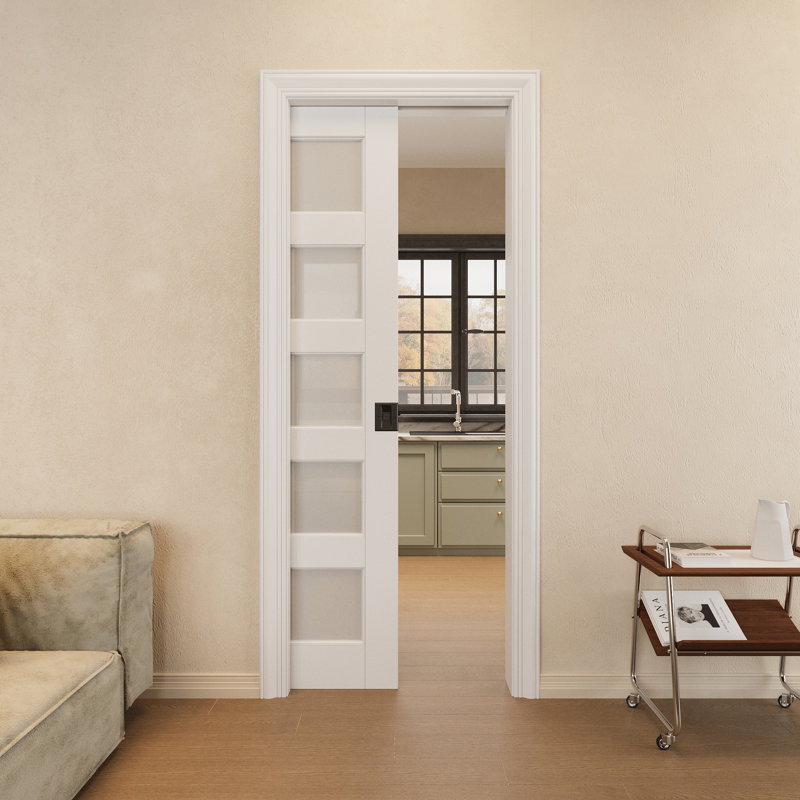 Intérieur de la porte coulissante en verre givré à 5 compartiments avec porte coulissante à verrou solide, 30 po x 96 po