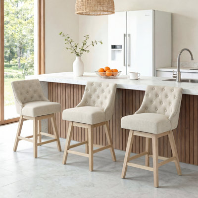 Ensemble de 3 tabourets de bar pivotants de 25,6 po, tabourets de bar à hauteur de comptoir avec dossier, tabourets de bar rembourrés en tissu de lin, tabourets de bar modernes, pieds en bois pour îlot de cuisine, bar de salle à manger