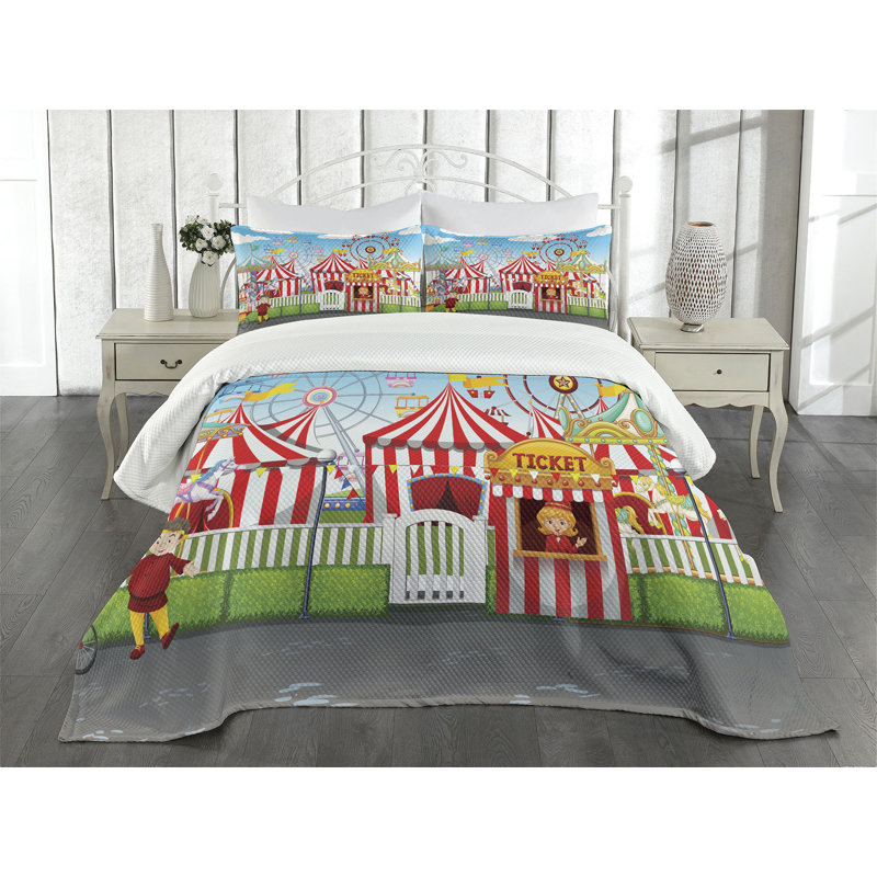 Ambesonne Landscape Bedspread Set Carnival Many Rides Multicolor, King Coverlet / Bedspread + 2 Standard Shams