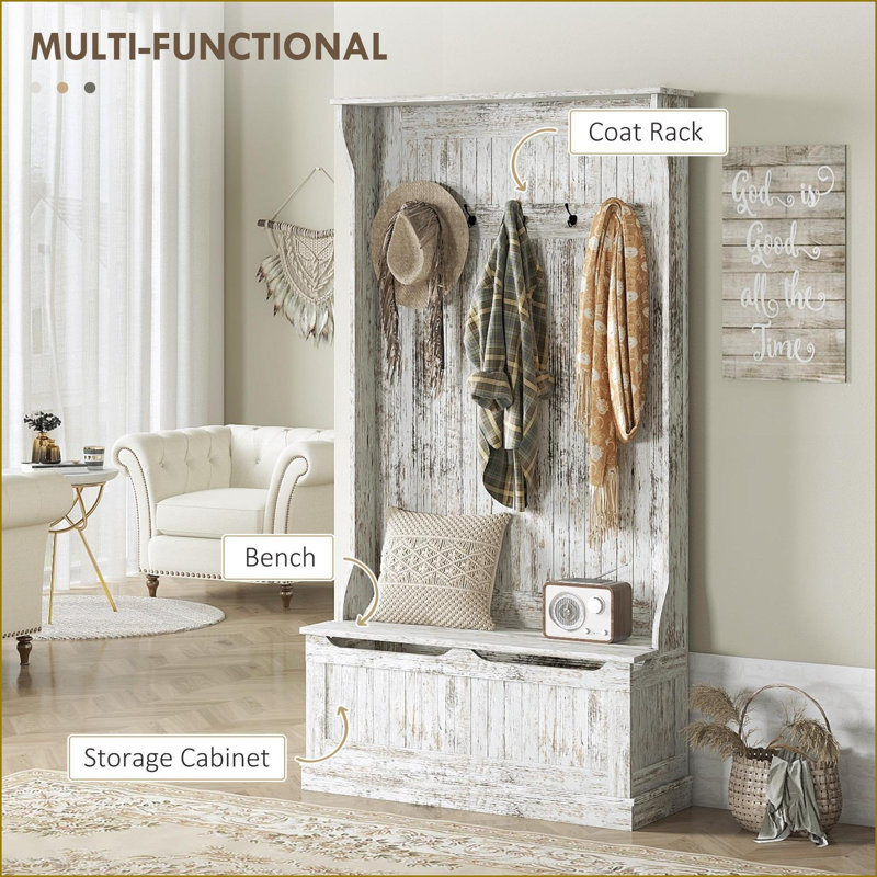 Hall Tree with Storage Bench, HOMCOM 3-In-1 Coat Rack 5 Hooks &amp; Shoe Storage, Distressed White | White | Coat Racks