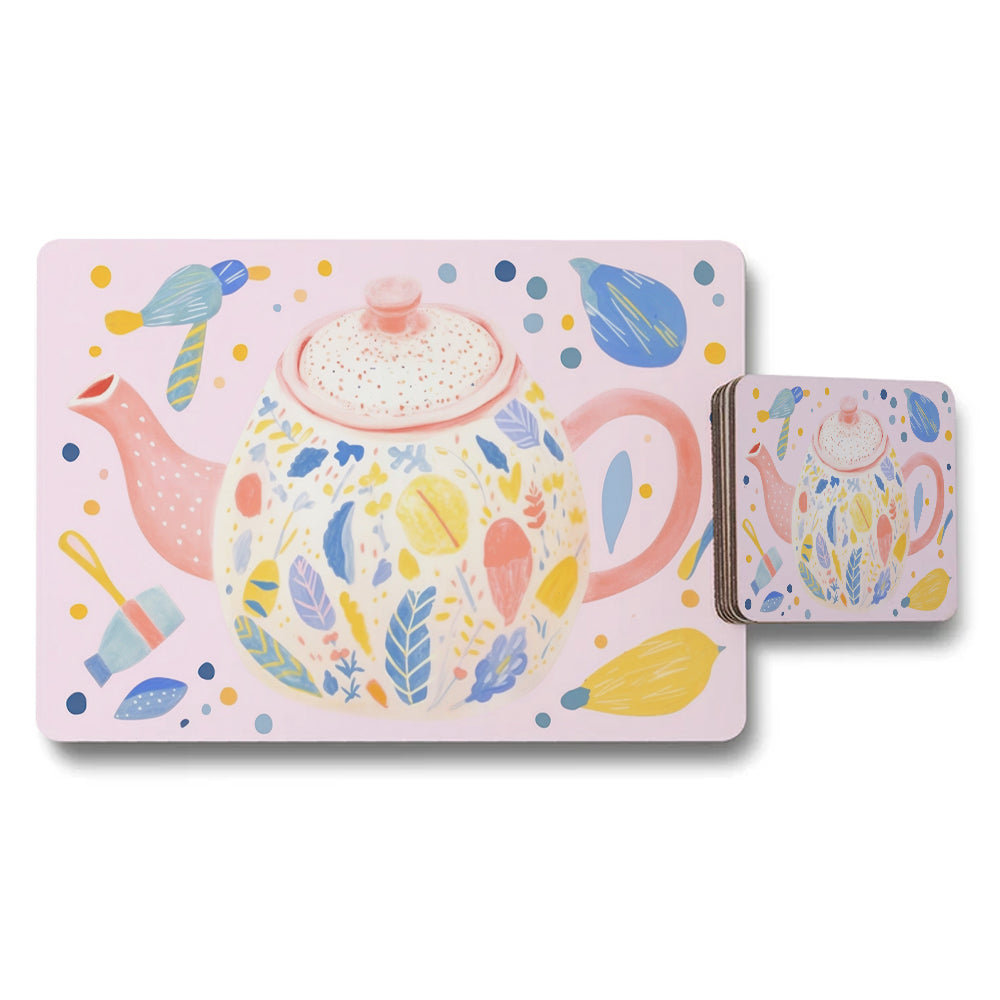 Pastel Teapot Pattern Placemat and Coaster Set for Dining Table