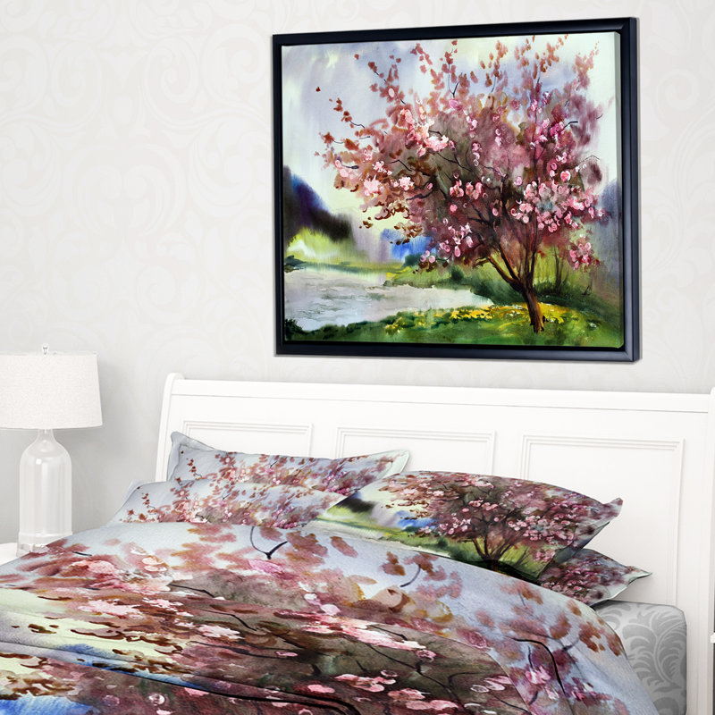 Arbre avec fleurs printanières - reproduction d'art, H 30 po x l 40 po x P 1,5 po, Toile avec cadre flottant